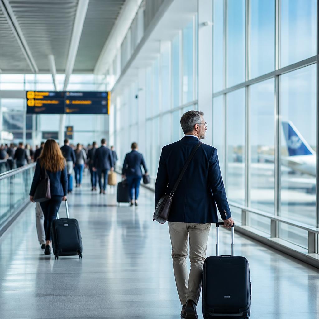 Travellers walking through a bright modern airport terminal